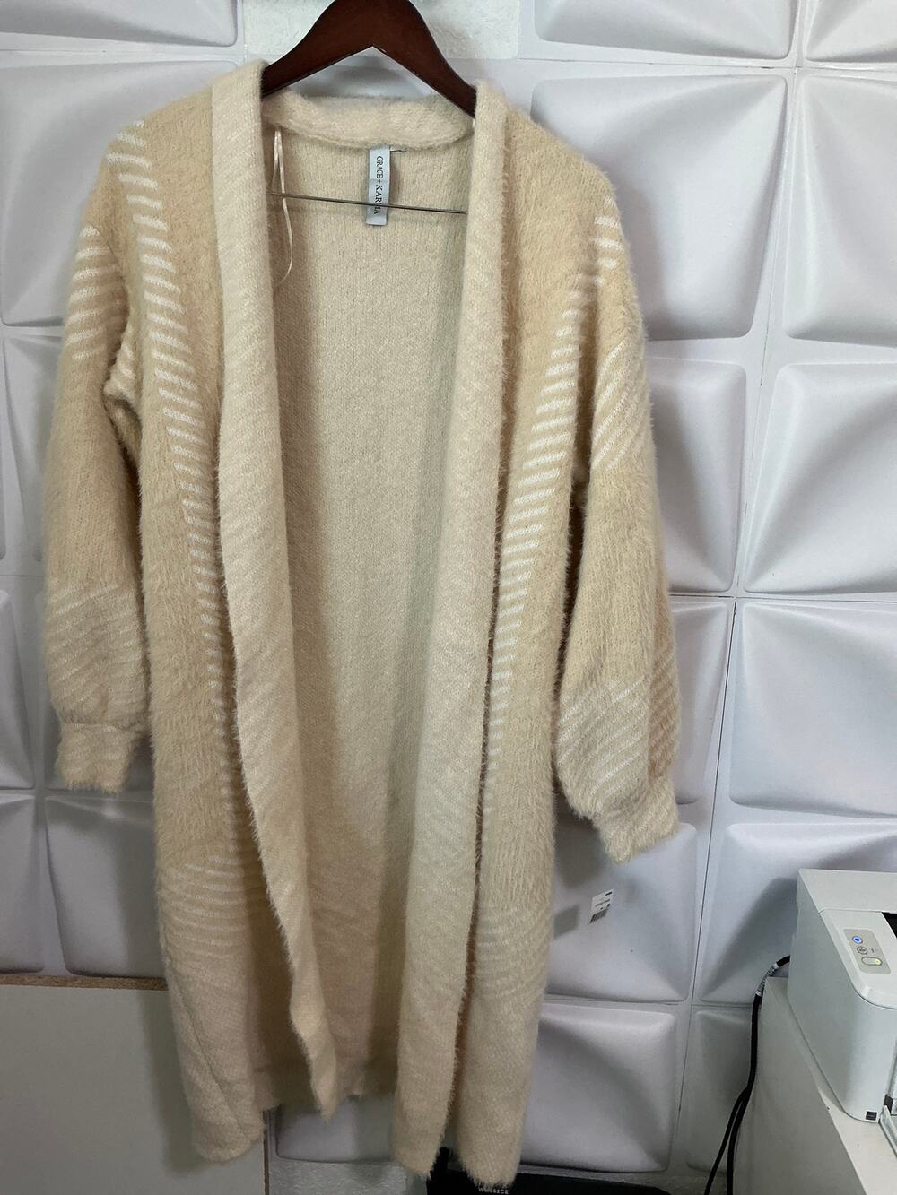NWT Grace + Karma Beige Ivory Striped Fuzzy Cardigan Sweater Women's Size XS/S